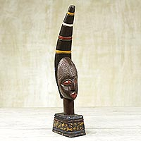 Wood sculpture, 'Odo Mask' - Ghanaian Sese Wood Mask Sculpture with Aluminum Plating