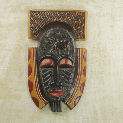African wood mask, 'Osunu' - Hand Carved Hand Painted Sese Wood Aluminum African Mask