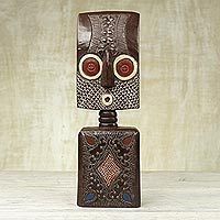 African wood sculpture, 'Ahomka Mask' - Ghanaian Sese Wood Mask Sculpture with Aluminum Plating