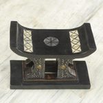 Wood mini decorative stool, 'African Legend in Black' - Wood and Aluminum Miniature Decorative Stool in Black