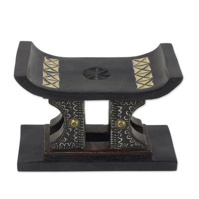 Wood mini decorative stool, 'African Legend in Black' - Wood and Aluminum Miniature Decorative Stool in Black