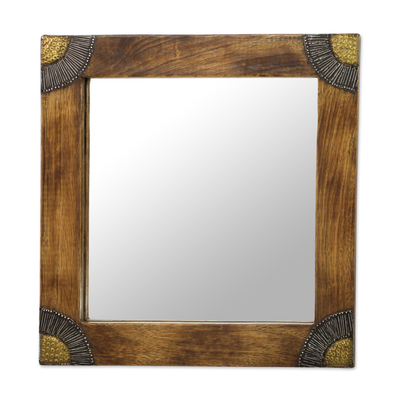 Wood wall mirror, 'Charming Image' (13 inch) - Sese Wood Aluminum and Brass Square Wall Mirror (13 In)