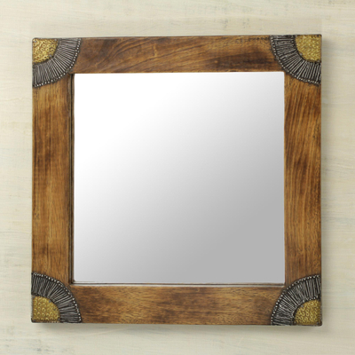 Wood wall mirror, 'Charming Image' (13 inch) - Sese Wood Aluminum and Brass Square Wall Mirror (13 In)
