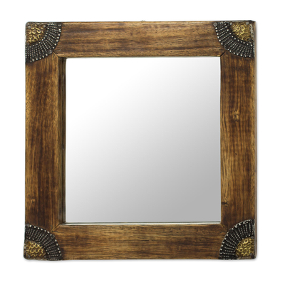 Wood wall mirror, 'Charming Image' (9 inch) - Sese Wood Aluminum and Brass Square Wall Mirror (9 In)