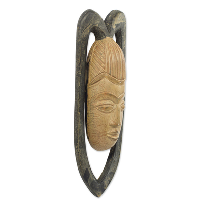 African wood mask, 'Serene Lover' - Original Handcarved West African Wood Mask Representing Love