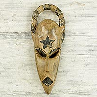 African wood mask, 'Rising Star' - Rustic Hand Carved Sese Wood African Mask