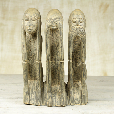 escultura de madera africana - Ver, oír, no hablar mal Escultura de madera hecha a mano de Ghana