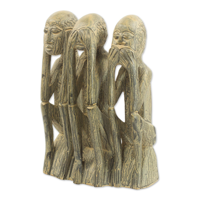 African wood sculpture, 'Proverbial Principle' - See, Hear, Speak No Evil Handmade Wood Sculpture from Ghana
