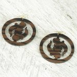 Ebony wood dangle earrings, 'Round Gye Nyame' - Ebony Wood Circular Adinkra Dangle Earrings from Ghana