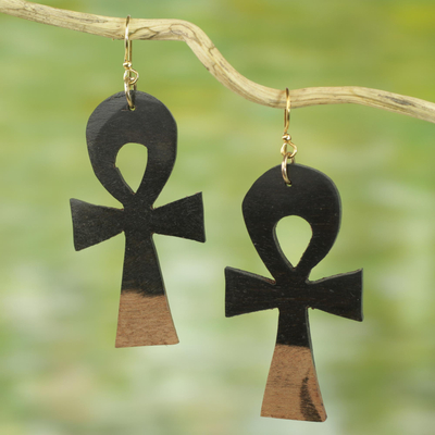 Ebony wood dangle earrings, 'Life Ankhs' - Ebony Wood Ankh Cross Dangle Earrings from Ghana