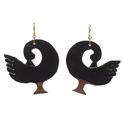 Ebony wood dangle earrings, 'Adinkra Roots' - Ebony Wood Adinkra Bird Dangle Earrings from Bali