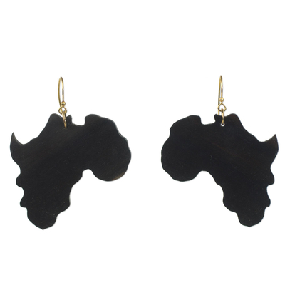 Ebony wood dangle earrings, 'Being African' - Ebony Wood Africa-Shaped Dangle Earrings from Ghana
