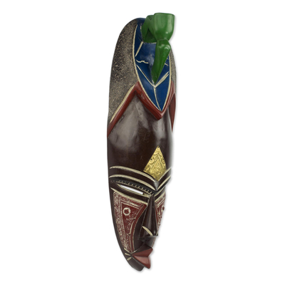 African wood mask, 'Adi Pa' - Hand Carved African Brass Aluminum Sese Wood Mask from Ghana
