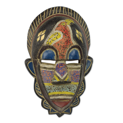 African wood mask, 'Monkey' - Handcrafted Ghanaian Sese Wood Wall Mask with Recycled Beads