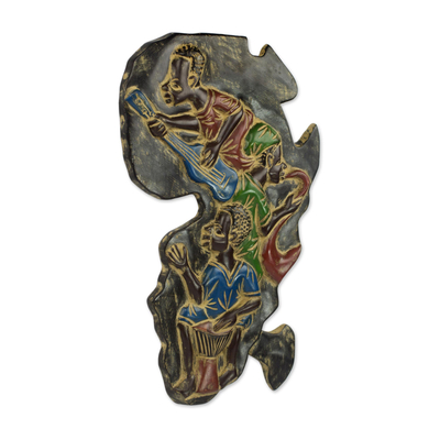 Wood wall art, 'African Music' - Hand Carved Africa Shaped Sese Wood Wall Art from Ghana