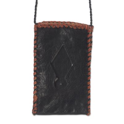 Leather cell phone shoulder bag, 'African Kite' - Black Leather Cell Phone Shoulder Bag from Ghana