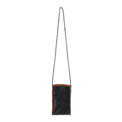 Leather cell phone shoulder bag, 'African Kite' - Black Leather Cell Phone Shoulder Bag from Ghana