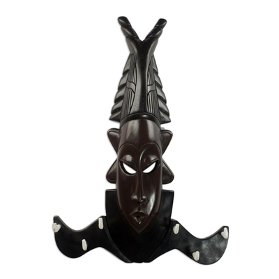 Black Sese Wood Coat Rack with African Mask from Ghana