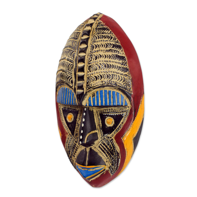 African wood mask, 'Talk of Prosperity' - Prosperity is Good Handcrafted African Wood Wall Mask