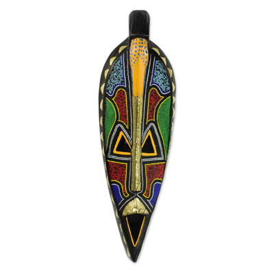 African wood beaded mask, 'Adventurous Owl' - Multicolor Owl Artisan Crafted African Bead Wood Wall Mask