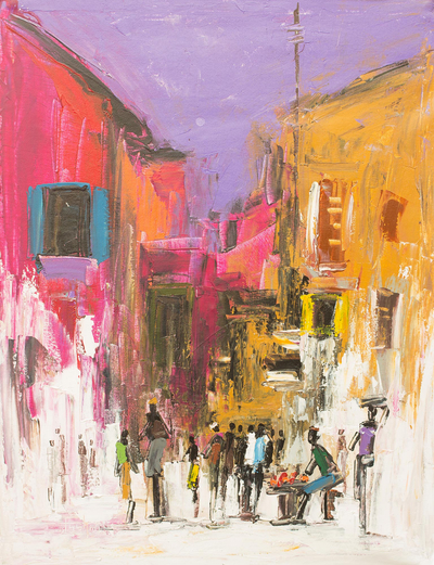 'Daybreak' - Expressionist West African City Street Scene Painting