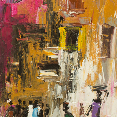'Daybreak' - Pintura expresionista de la escena callejera de una ciudad de África occidental