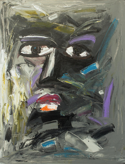 'Mood I' - Original Signed West African Mask Portrait in Grey Shades
