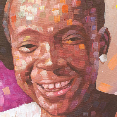 Bereiten, studieren, lächeln‘. - Signiertes impressionistisches Gemälde von drei Kindern aus Ghana