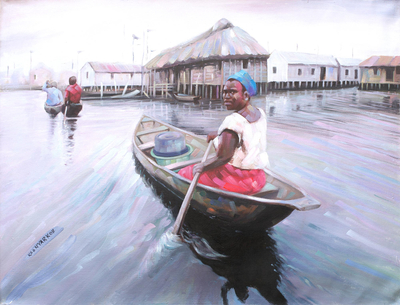'Nzulezu' - Signed Ghanaian Impressionist Painting of a Woman on a Boat