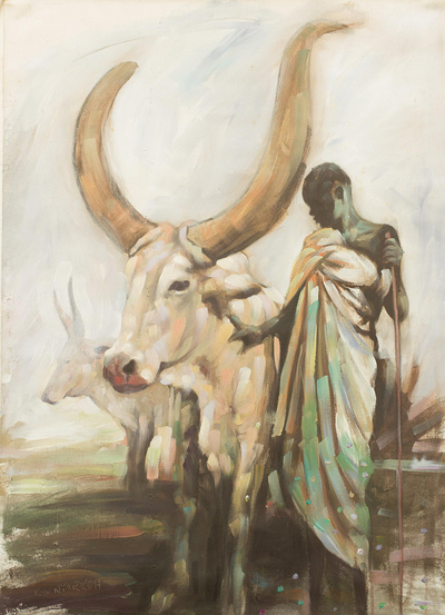 „Hoffnungsvoll“. - Signiertes impressionistisches Gemälde eines Mannes mit einer Kuh aus Ghana