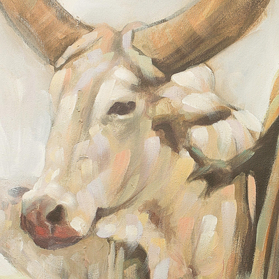 „Hoffnungsvoll“. - Signiertes impressionistisches Gemälde eines Mannes mit einer Kuh aus Ghana