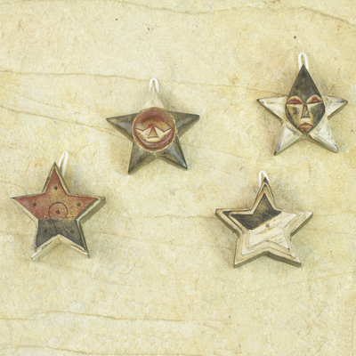 Wood ornaments, 'Nsruma Sophistication' (set of 4) - Four Sese Wood Star Ornaments in Black Red and White