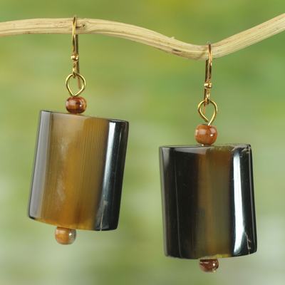 Horn dangle earrings, 'Bold Path' - Hand Crafted Horn Dangle Earrings from West Africa