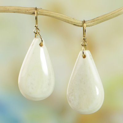 Bone dangle earrings, 'Natural Pear' - Hand Crafted Cow Bone Dangle Earrings from West Africa