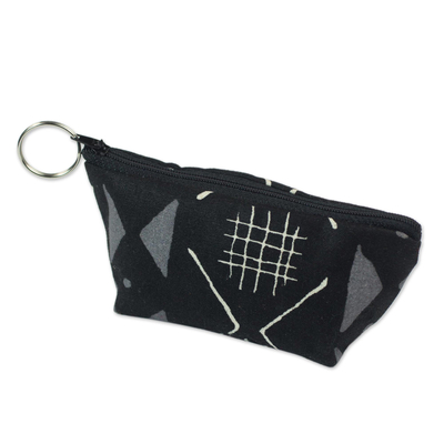 Cotton cosmetic bag, 'Monochrome Ntoma' - Monochrome Patterned Cotton Lined Cosmetics Bag from Ghana