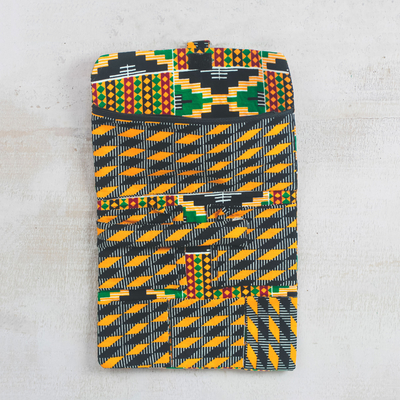 Baumwoll-Schmuckrolle, 'Kente Traveler - Ghanaische Kente Print Baumwoll-Schmuckrolle mit 6 Taschen