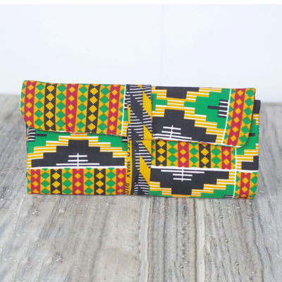 Baumwoll-Schmuckrolle, 'Kente Traveler - Ghanaische Kente Print Baumwoll-Schmuckrolle mit 6 Taschen