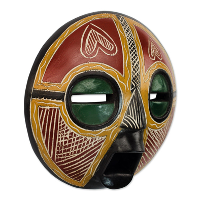 African wood mask, 'Heart of Africa' - Handcrafted African Sese Wood Wall Mask from Ghana