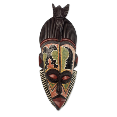 African wood mask, 'Akaoben and Akofen' - Sese Wood and Aluminum Symbolic African Mask from Ghana