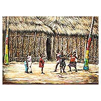 'Kids Dancing at the Beach' (2016) - Ghanaian Signed Painting of Children at Volta Beach