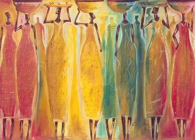 'Load Carrier' - Signed Multicolored Painting of African Women from Ghana