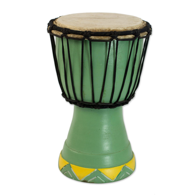 Wood mini djembe drum, 'Gathering' - West African Hand Carved Wood Mini Djembe Goblet Drum