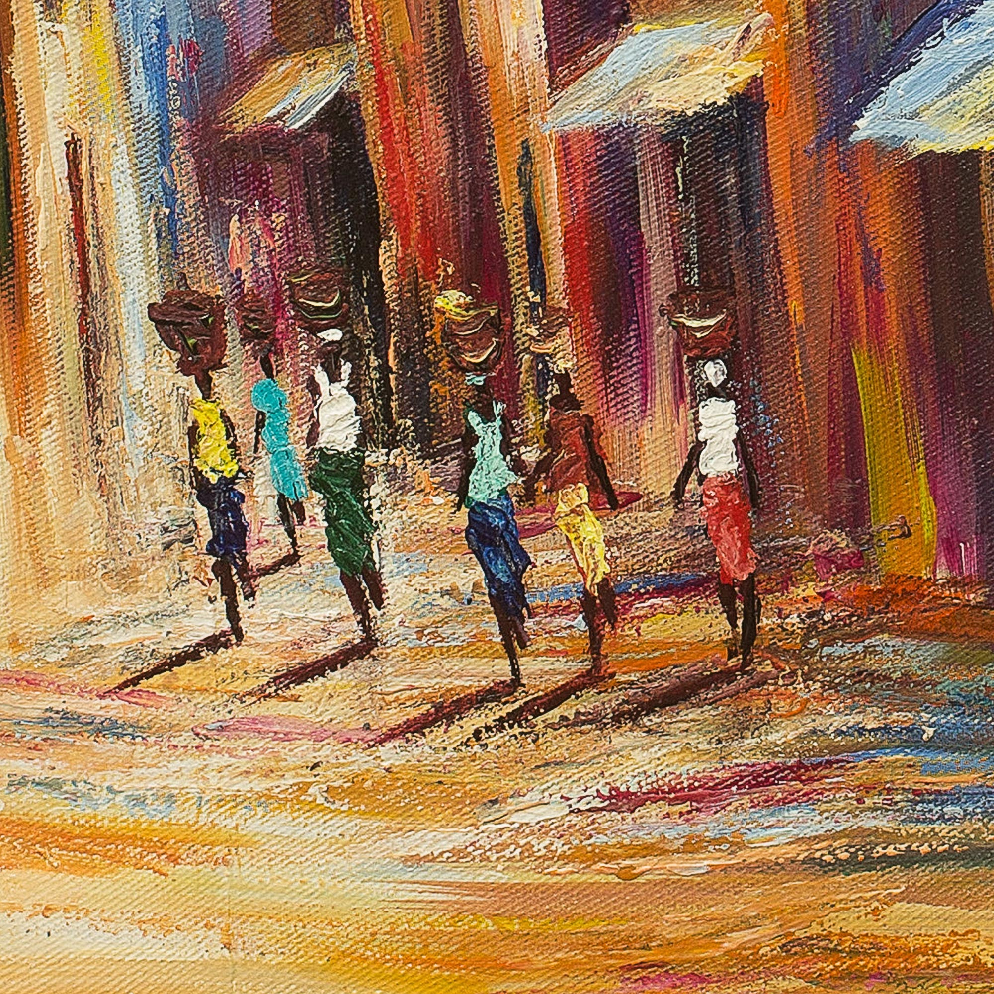 Signed Original Painting of a West African Town - Life | NOVICA