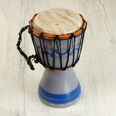 Wood mini djembe drum, 'Anomabu Waves' - Handcrafted Grey and Blue Authentic African Mini Djembe Drum