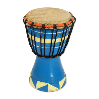 Wood mini djembe drum, 'Triangle Beat' - Artisan Crafted Authentic African Mini Djembe Drum in Blue