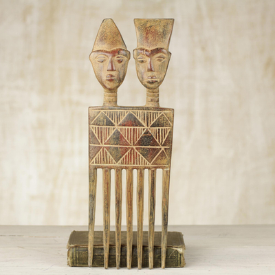 Wood wall sculpture, 'Twin Comb' - Hand Carved Wood Wall Art Sculpture from Ghana