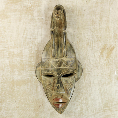 African wood mask, 'Thinking Mask' - Hand Carved African Wood Thinking Mask from Ghana