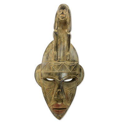 African wood mask, 'Thinking Mask' - Hand Carved African Wood Thinking Mask from Ghana