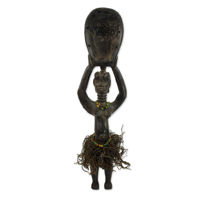 Wood sculpture, 'Spoon Dancer' - Handcrafted Sese Wood and Jute African Sculpture