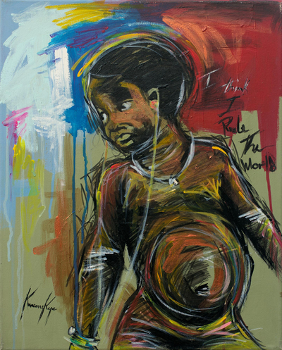 „I Think I Rule The World“ – Signiertes modernes Kunstgemälde eines Kindes aus Ghana